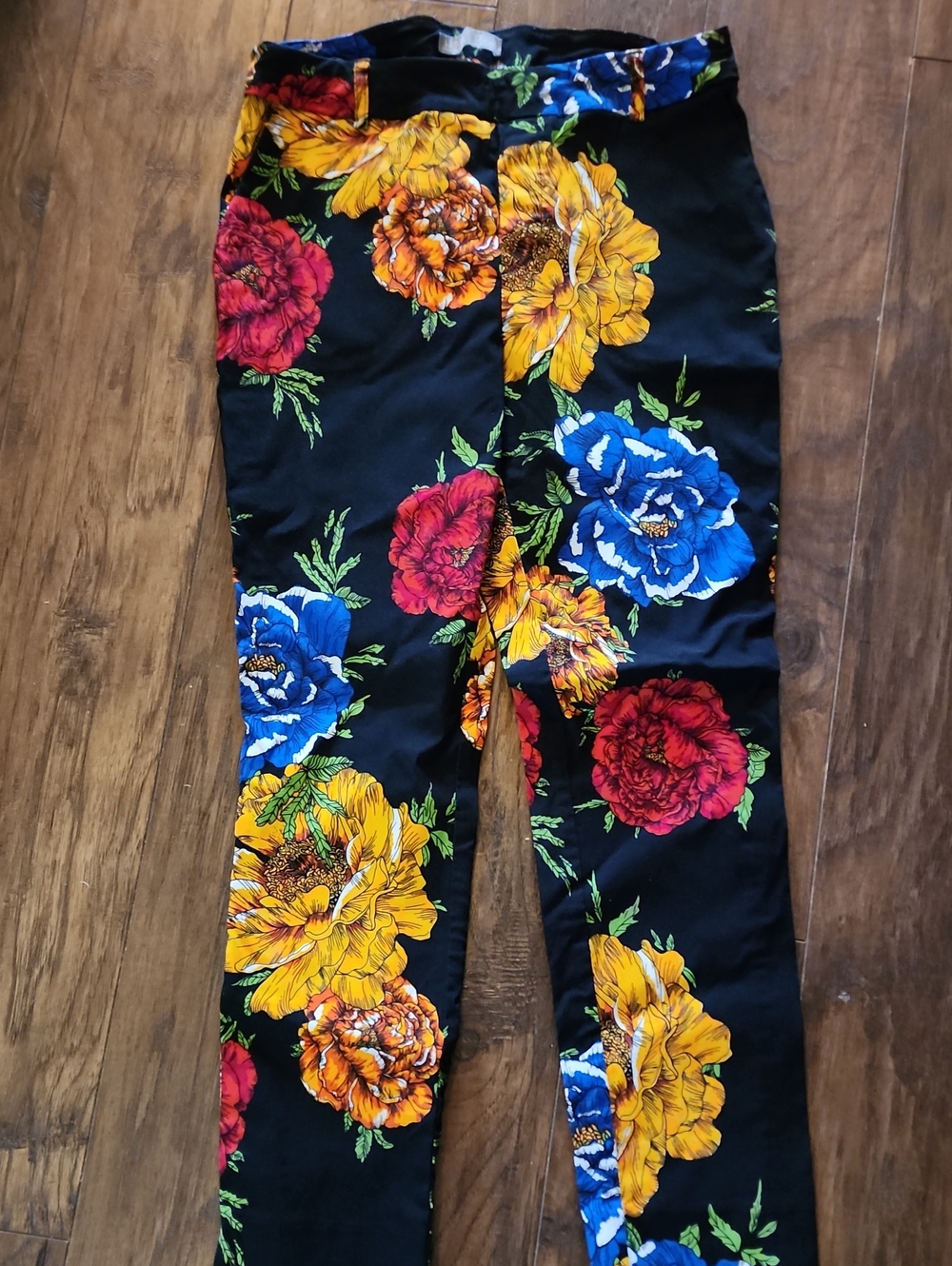 Straight Leg Floral Print Pants - Black with Yellow, Blue & Red Blooms